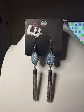 paparazzi Blue Stone Tassel Drop Earrings with Silver Chains